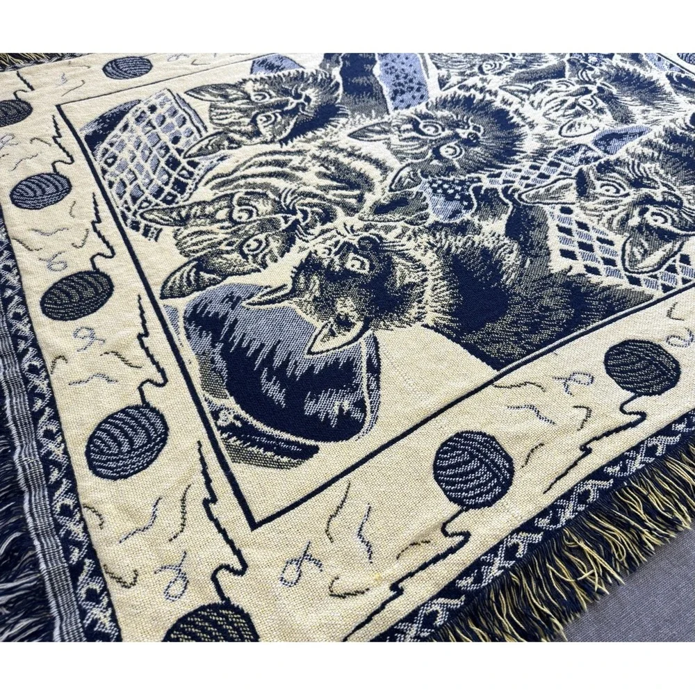 Vintage Woven Cat Kittens Throw Blanket Fringe Navy Cream 43x54 Tapestry Cottage - Picture 11 of 14